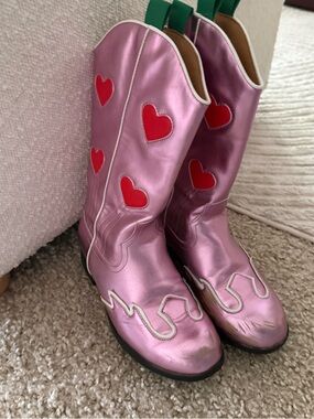 Pink Heart-Accented Kids Western Boots size 2 shiny